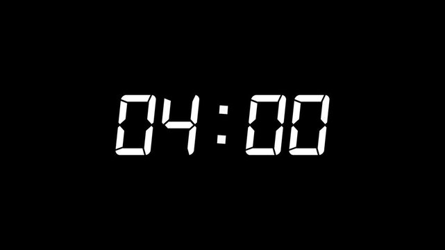 White color digital timer number icon animation . Digital clock with time 04 hours on black background.