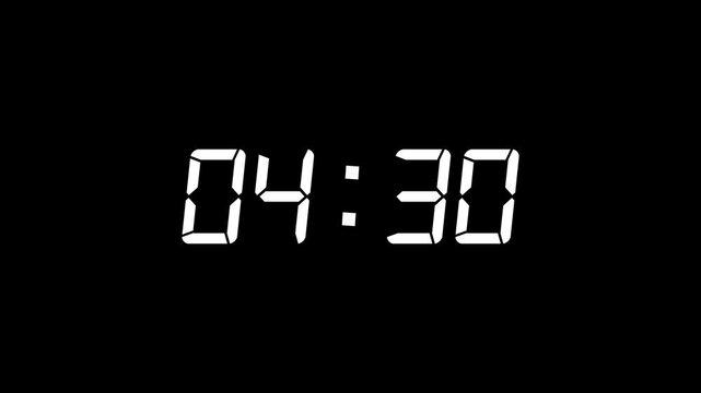 White color digital timer number icon animation . Digital clock with time 04 hours 30 minutes on black background.