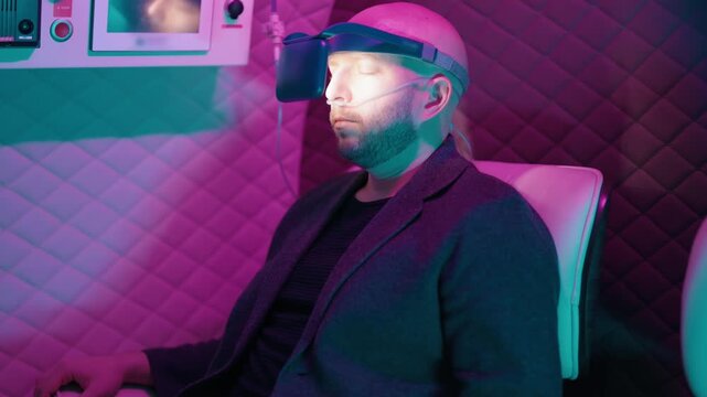 Futuristic scene of a bald man with a beard sleeping peacefully while receiving hyperbaric oxygen therapy in a modern chamber with pink and blue lights, representing wellness and innovation