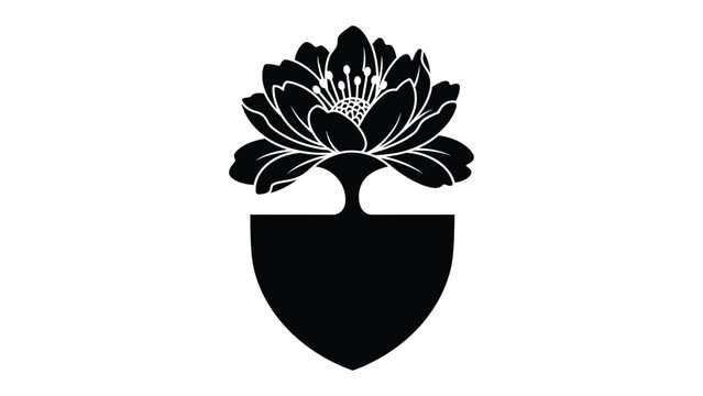 Floral shield Emblem: A stylized floral emblem blooms atop a strong shield silhouette, fusing natural beauty with stalwart protection in a striking monochrome design.