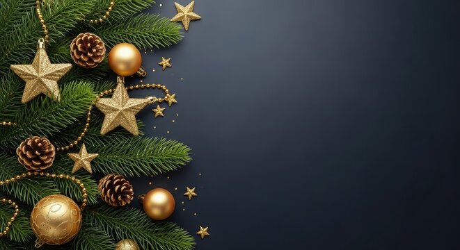 Christmas tree background with gold ornaments and pine cones for holiday greeting cards