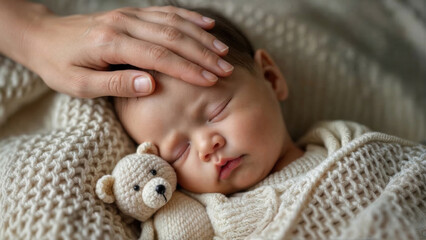 Sleeping newborn infant comforted by maternal hand resting on head beside crocheted bear nestled in thick cream knit blanket.