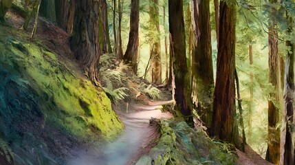 Naklejka premium Serene redwood trail illustration captures tranquil forest grandeur bathed in soft diffused light textures