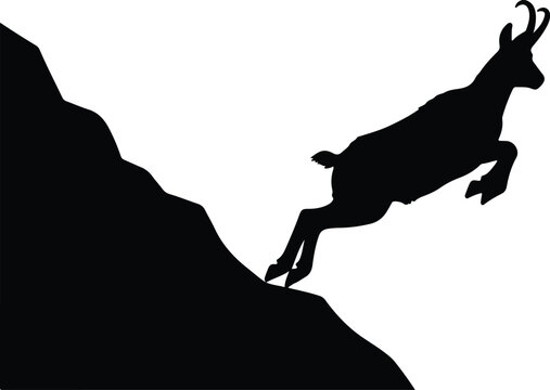 Silhouette alpine chamois jumping on rocky mountain slope vector design