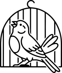 Fototapeta premium Silhouette bird singing inside a cage with simple black lines vector design