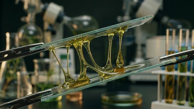 Viscous golden resin film and bio based polymer stretched between glass slides in laboratory chemistry experiment showcasing resin slide testing