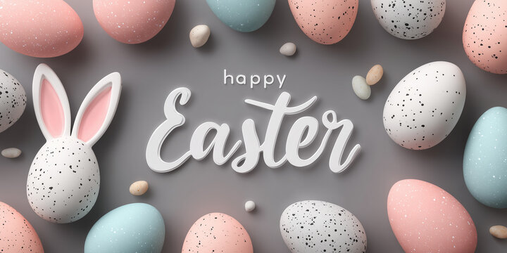 Happy Easter greeting card with pastel-colored eggs and bunny ears. An Easter background with pastel-colored eggs, bunny ears, and the words Happy Easter on a neutral background. 