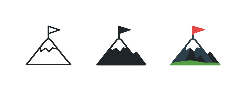 Mountain peak with flag icons representing achievement and success in different styles