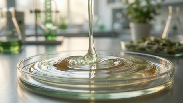 Viscous liquid pour petri dish laboratory glass green bio based chemical materials green chemistry syrup like liquid poured into petri dish plant