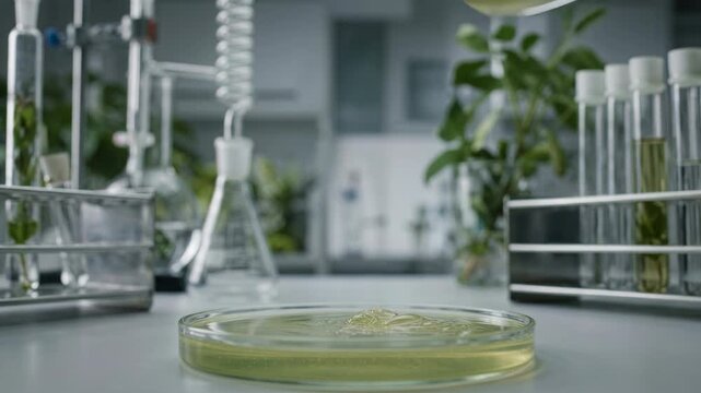 Green chemical bio based materials chemistry laboratory petri pour of viscous plant extract creating sustainable product development scene evoking