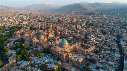 Obraz premium A cinematic aerial drone photograph of the historic city of Tabriz, Iran, showing the dense urban fabric and traditional Persian architecture. 