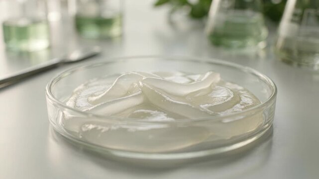 Bio based chemical materials green chemistry cream gel sample petri dish laboratory showing smooth translucent cosmetic formulation and gentle
