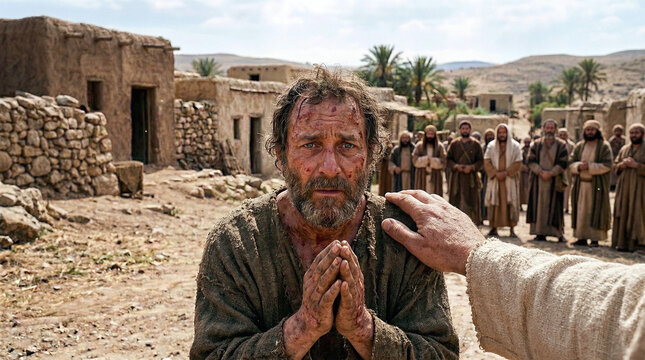 Biblical New Perspective &ndash; Jesus Touching And Healing A Leper As Seen Through His Eyes Evoking Gritty Restoration Miracle