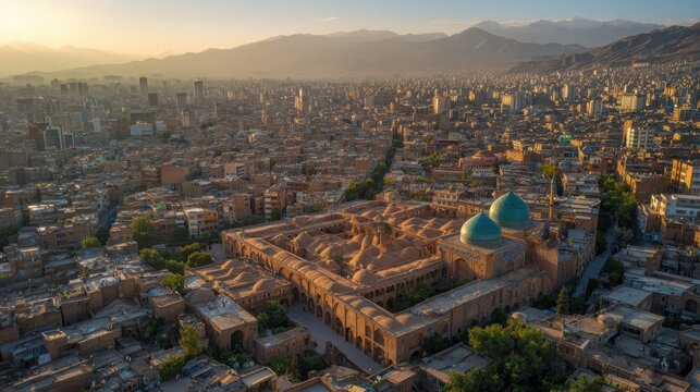 A cinematic aerial drone photograph of the historic city of Tabriz, Iran, showing the dense urban fabric and traditional Persian architecture. 