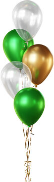 Balloon bouquet in green, gold, and transparent white, isolated on a transparent background. A bunch of realistic balloons for St. Patrick&rsquo;s Day, eco-themed, and spring party designs.