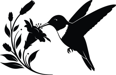Silhouette hummingbird feeding on garden flower nectar in minimalist natural vector design © Nasima