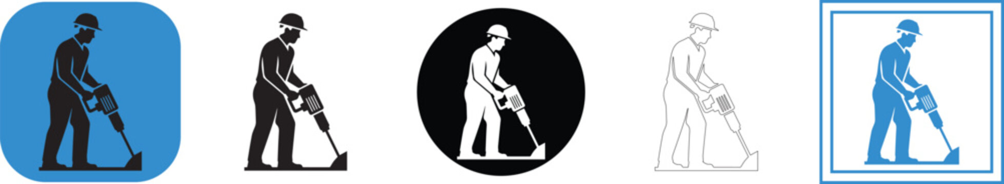 A clear vector graphic illustration depicts a male construction worker, wearing a protective hard hat, diligently operating a powerful jackhammer, breaking ground with focused determination