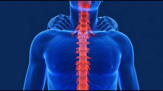 Human back with glowing red spine and blue transparent body