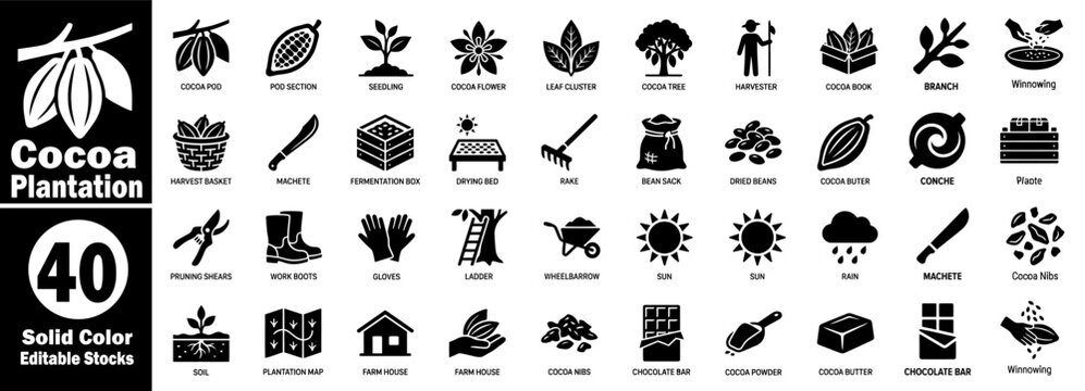 Cocoa plantation vector icons and plantation, pod, bean, seedling, flower, tree, harvester, branch, winnowing, basket, symbols vector illustrator.