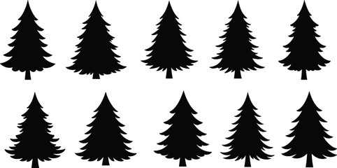 Pine tree silhouettes, forest shapes, evergreen icons, coniferous foliage, nature elements, stylized trees, botanical forms, vector pine grid © Khaleda Creative