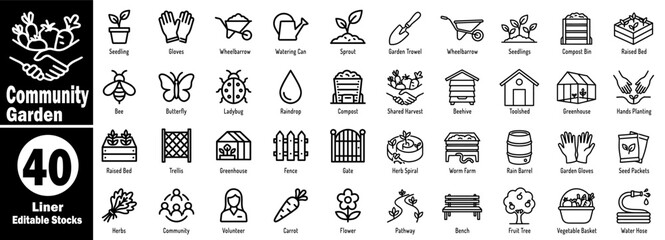 Community garden icons set. Shared urban gardening project and sustainable food growing symbols vector illustrator. © Hafiz