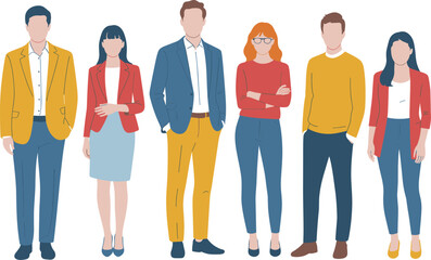 Obraz premium Flat vector illustration of a diverse professional business team standing together in confident poses and walking with briefcases in formal office attire on white.