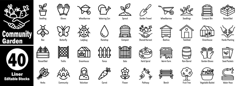 Community garden icons set. Shared urban gardening project and sustainable food growing symbols vector illustrator.