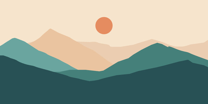 Minimalist landscape illustration of mountain ranges at sunset with a boho aesthetic. Vector art featuring earth tones, layered hills, and a sun in a clean, modern flat design.