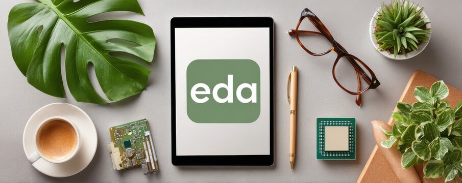 Tablet With Eda Logo on Desk beside Plants, Glasses, and Coffee Cup for Tech Workspace