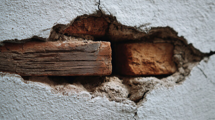 Damaged house wall with broken bricks and exposed wood beam