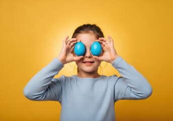 Fototapeta premium Young girl holding blue eggs in front of her eyes against a yellow background