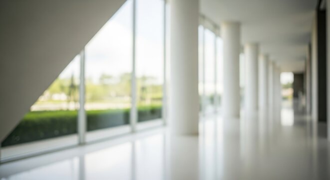 Modern architecture interior with large windows and columns in bright hallway