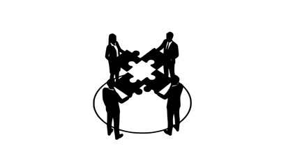 Business team silhouettes connecting puzzle pieces for collaborative problem solving