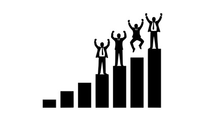 Businessmen celebrating success on top of bar chart, showing achievement and victory on white background