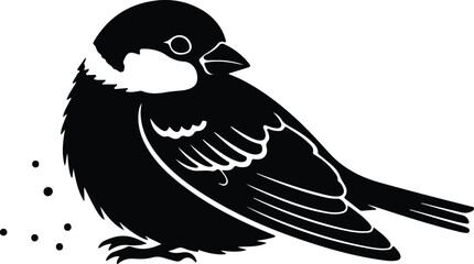 Silhouette small bird eating seeds black and white graphic vector design © Nasima