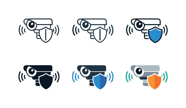 Security camera icons with shield and signal waves, representing surveillance and protection