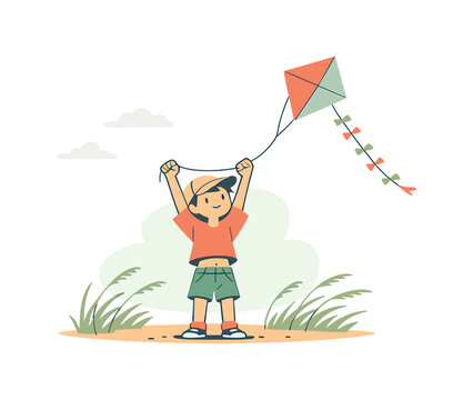 Kite Flying Bliss. Sunny child flies a kite in an open field, arms raised as wind pulls the string and sward bends softly nearby