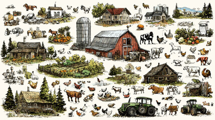 Vibrant farm scene illustration with animals and crops © AI PIC
