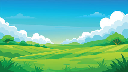 Obraz premium A vibrant and lush green field with rolling hills under a clear blue sky with fluffy white clouds Vector