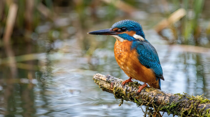 Close-up of a vibrant kingfisher perched on a moss-covered branch with blurred water in the background, showcasing its iridescent blue and orange plumage
