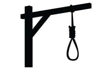 Naklejka premium Silhouette of wooden gallows structure with hanging rope noose on white background