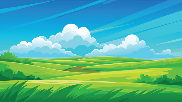A serene landscape with rolling green hills and a clear blue sky dotted with fluffy white clouds Vector