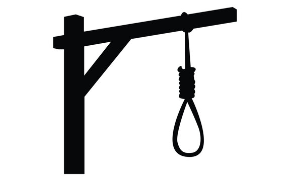 Silhouette of wooden gallows structure with hanging rope noose on white background