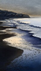 Fototapeta premium Tranquil watercolor coastline illustration evokes evening calm serene seaside artistic depth reflection