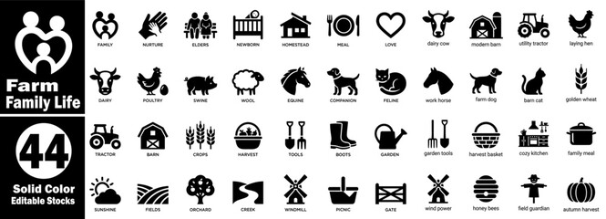Farm family life icons set, with forty-four silhouettes, vector illustrator. © Hafiz