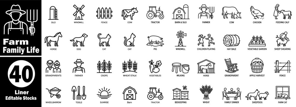 Agricultural life outline icons set, with forty professional strokes vector illustrations.