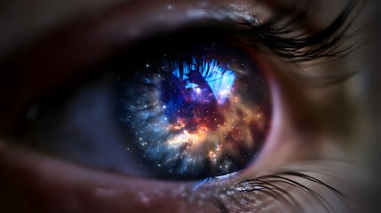 Naklejka premium Cosmic reflection captures a human eye revealing swirling galaxies in vibrant surreal beauty