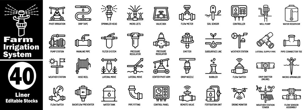 Farm irrigation system linear icons.  Editable stock icons for agriculture vector illustrator.