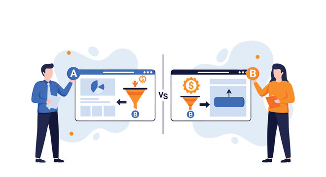 A man and a woman present two different website landing page versions, A and B, for a split test comparison to optimize the conversion funnel.