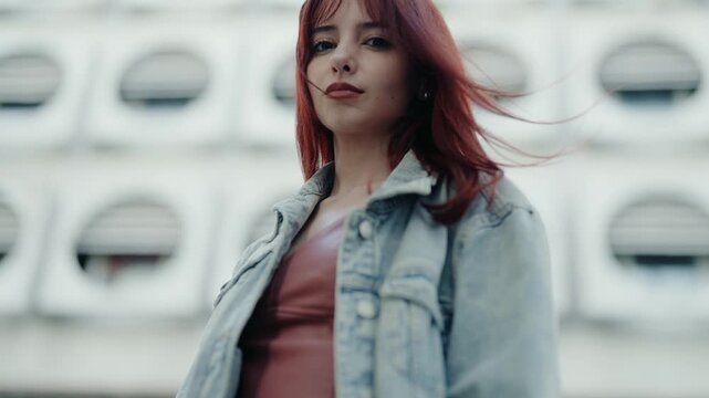 Beautiful young woman with dyed red hair and a denim jacket standing outdoors in front of a modern building, looking directly at the camera with a confident and serious expression